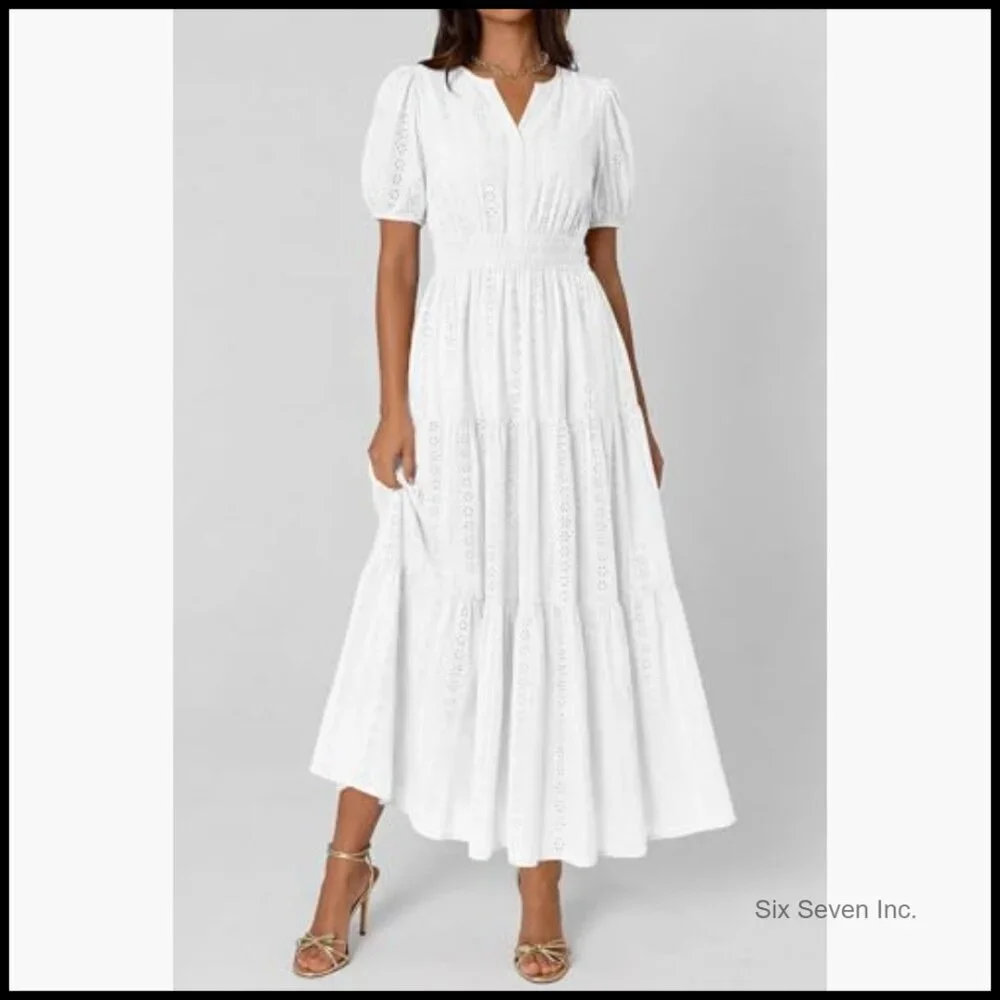 Cotton Maxi Dress with Puff Sleeves V Neck Smocked Waist Flowy Eyelet - Picture 4 of 7